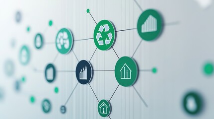 Fototapeta premium Strategic planning goals sustainability concept. Digital network with green and blue icons representing sustainability and growth.