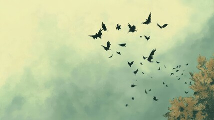Fototapeta premium Birds flock flying with vintage sky background.