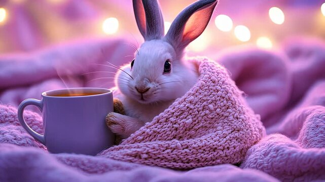 Cozy rabbit sipping tea under soft blanket with twinkling lights in background