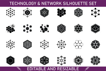 Editable Network Technology Silhouettes Hexagon, Nodes, Connections, Graphic Set