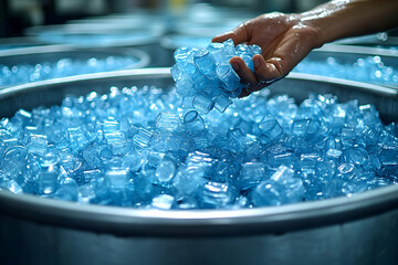 Obraz premium Hand Pouring Blue Ice Cubes Into Large Container