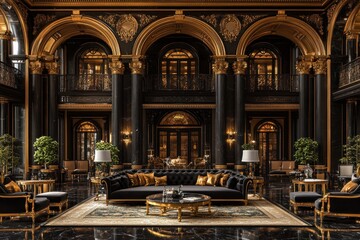 Fototapeta premium Luxurious Black and Gold Interior with Neoclassical Style and Symmetrical Composition