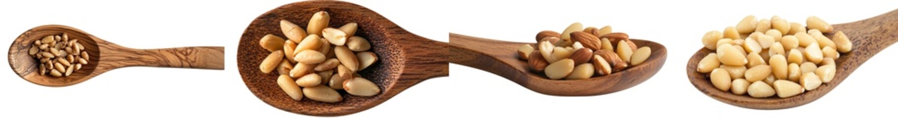 Fototapeta premium Pine nuts are paired with a wooden spoon on a white background