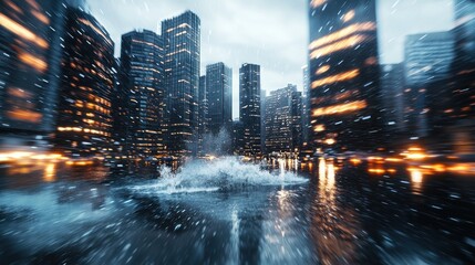 Cityscape in torrential rain, futuristic, dynamic motion blur effect, urban flooding, night lights reflecting on water, speeding through city streets, dramatic, intense, dark moody atmosphere.