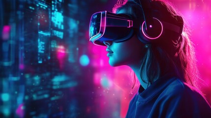 Virtual Reality Gaming Experience in a Futuristic Cyberpunk World with Neon Colors and Dynamic Lighting