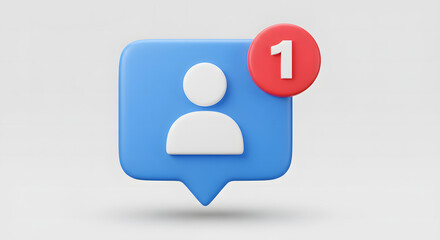  3D Render of a New Follower Notification Icon with a Blue Speech Bubble and Red Alert