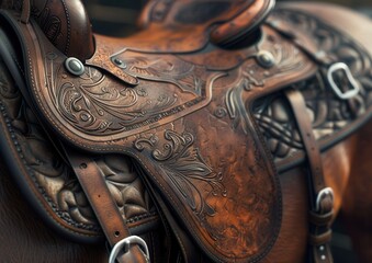 Intricate leather saddle with decorative carvings.