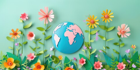 Earth day A paper Earth where flowers and vines sprout from the continents, symbolizing growth and renewal.