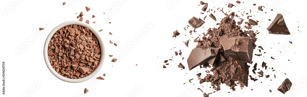 Aufkleber from a top perspective, chocolate sprinkles for cake and pastry toppings are isolated on white, high