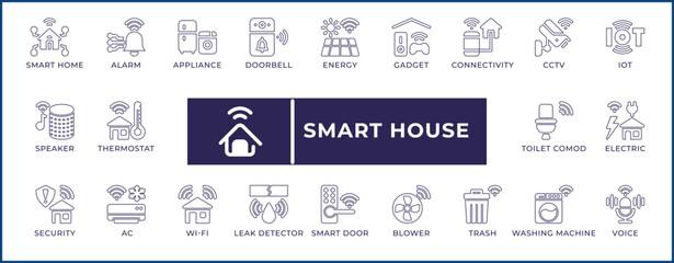 Minimalist line icons representing smart home technology, automation, IoT, security systems, energy management, and digital living solutions.