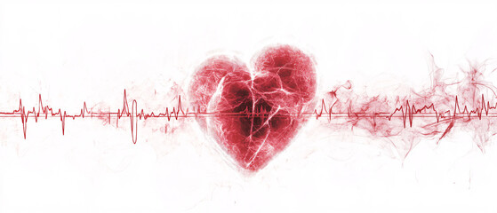 a glowing anatomical red heart seamlessly merges with a surrounding heartbeat signal in energetic digital watercolor style

