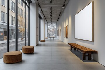 Modern Art Gallery Interior with Blank Canvas, Wooden Bench, and City View