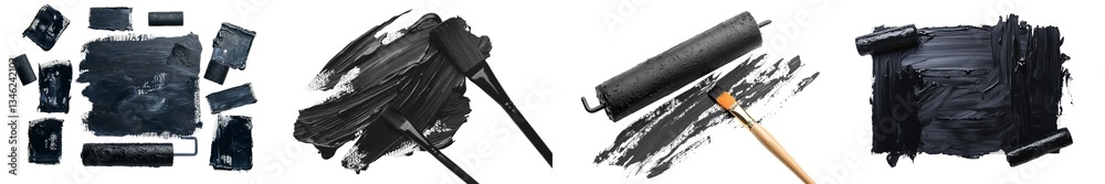 Poster isolated on a white background, the top view of a sponge roller showcases abstract black paint with 