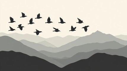 Birds flying over mountains with scenic landscape.