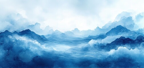 Obraz premium Serene Blue Watercolor Mountain Landscape Misty Peaks and Cloudscape Art