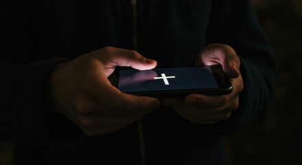 Hands Holding Smartphone with Glowing Cross - Christian Faith Illustration