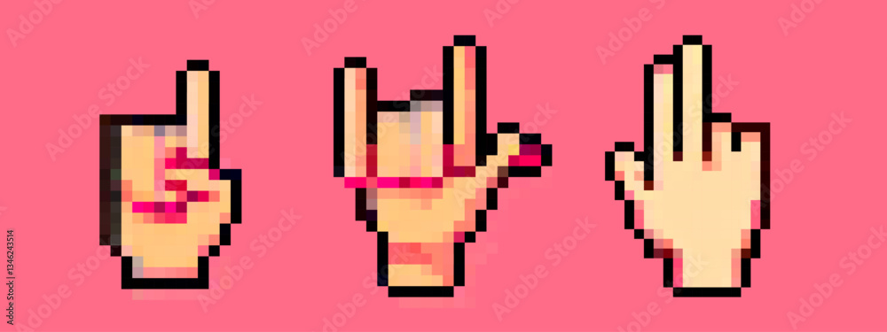 Poster Pixel art illustration of three hand gestures on a pink background. The designs include pointing and a rock sign. Perfect for retro or digital-themed projects.