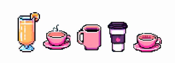 Pixel art featuring a variety of drinks: a cocktail, two teacups, a coffee mug, and a to-go cup. Soft pastel colors create a retro, nostalgic aesthetic perfect for a cozy vibe.