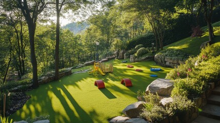 Obraz premium A backyard play area with artificial grass, freshly completed and ready