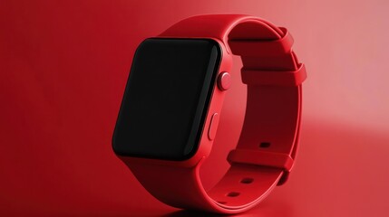 Red smart watch with blank screen on red background.