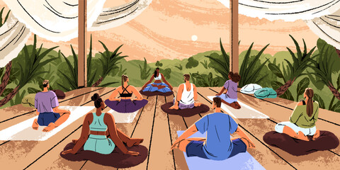 Retreat and group yoga lesson on sunset landscape. People sit in pose, asana meditate together in nature. Characters relax, care about mental health, harmony outdoors. Flat vector illustration