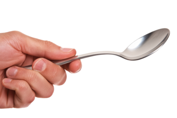 In the image, a woman's hand holds a steel spoon in her right hand, isolated on a white backdrop