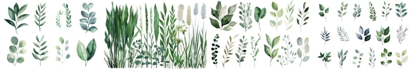 Obraz premium Botanical illustration takes the form of watercolor drawings of a set of abstract green leaves on a white background