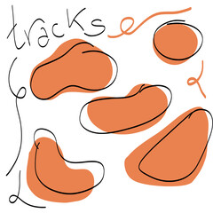 abstract illustration of orange footprint shapes surrounded by a black line
