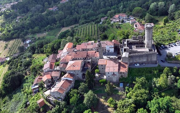 Aerial view of Malgrate village an his the Malaspina castle. Malgrate, Villafranca in Lunigiana, Massa Carrara, Italy. 