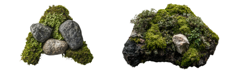 The top view showcases green moss and decorative rocks isolated on a white background, emphasizing the visible texture