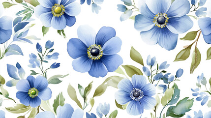Watercolor blue wildflowers pattern, seamless floral wallpaper background.