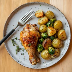 Fototapete Rund Lunch plate with chicken leg, roasted potato and brussels sprout. Simple balanced nutritious food. © Ira Yapanda