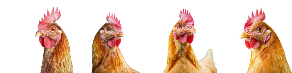 Fototapeta premium Closeup of four lively chicken or rooster heads with vibrant feather patterns wattles and curious expressions against a plain white background