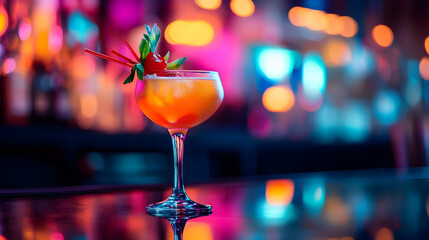 Vibrant cocktail on bar counter with colorful bokeh lights in background