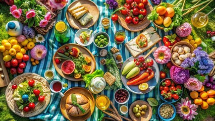 Summer Picnic Feast on Striped Blanket