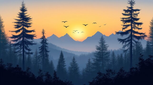 Sunset mountain forest birdscape