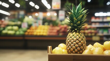 Ripe pineapple and lemons in wooden crate at supermarket.