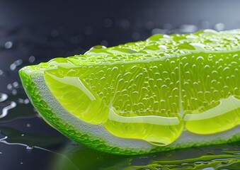 Close-up of a juicy lime slice with glistening droplets.