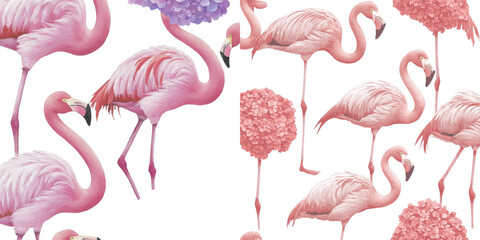 Obraz premium This seamless pattern is a watercolor illustration of a pink flamingo and flowers set against an isolated background