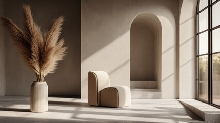 Beige chair, pampas grass, sunlit room