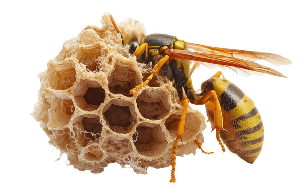 A European wasp hive, specifically the nest of Polistes associus, is shown in isolation on a white background