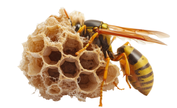 A European wasp hive, specifically the nest of Polistes associus, is shown in isolation on a white background