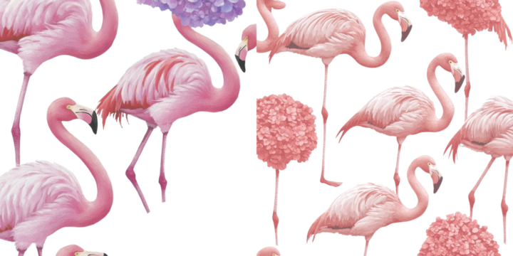 This seamless pattern is a watercolor illustration of a pink flamingo and flowers set against an isolated background