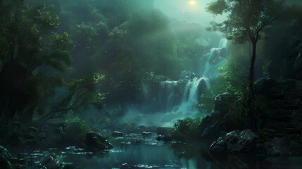 Obraz premium Abstract image with foggy forest that looks like sound waves Stepped Waterfall Group at Sunrise Morning at lake plan see, Generative AI