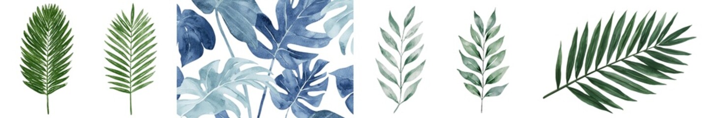 Jungle-inspired design consisting of tropical watercolor palm leaves on a simple white background
