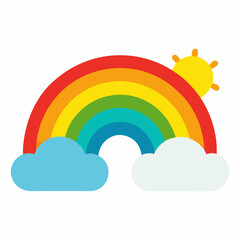 Rainbow with clouds and sun, vector on white background.