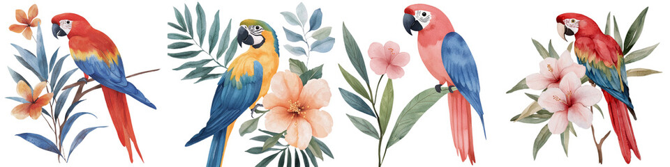 Fototapeta premium Summer print of a watercolor botanical painting, composed with parrot, flowers, and palm leaves