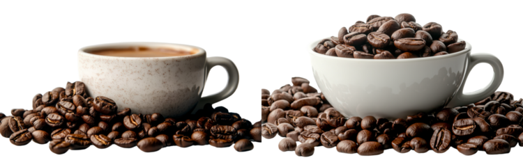 A mound of coffee beans accompanies a white porcelain cup, with the mug set apart on a plain white background