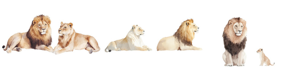 Obraz premium The image is a watercolor painting of lions isolated on a white background with animals
