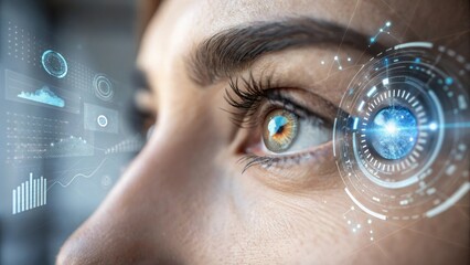 eye of a woman with futuristic technology and a view of the future